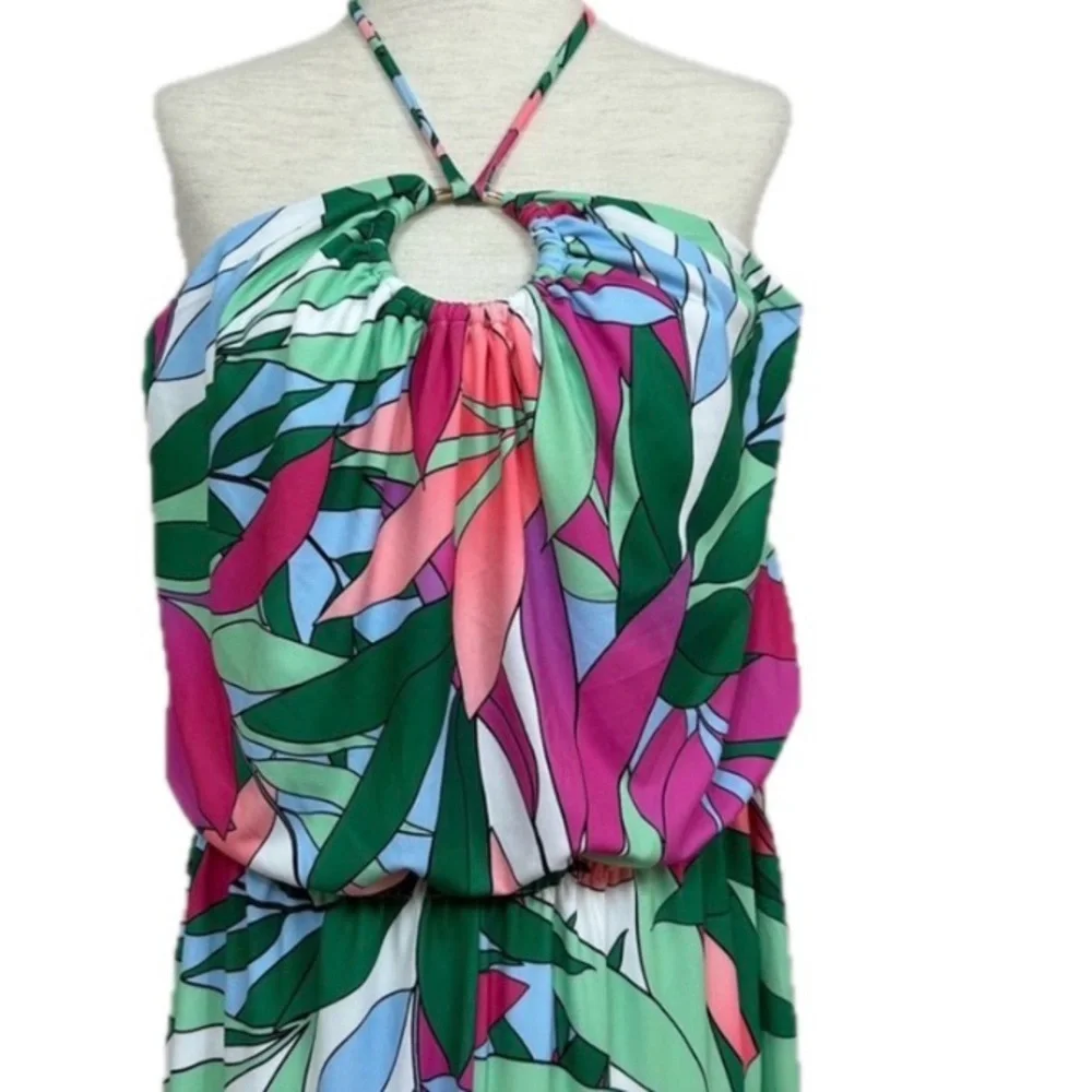 Boston Proper Tropical Palm Print Dela Halter Ring Jumpsuit‎ Sz S
